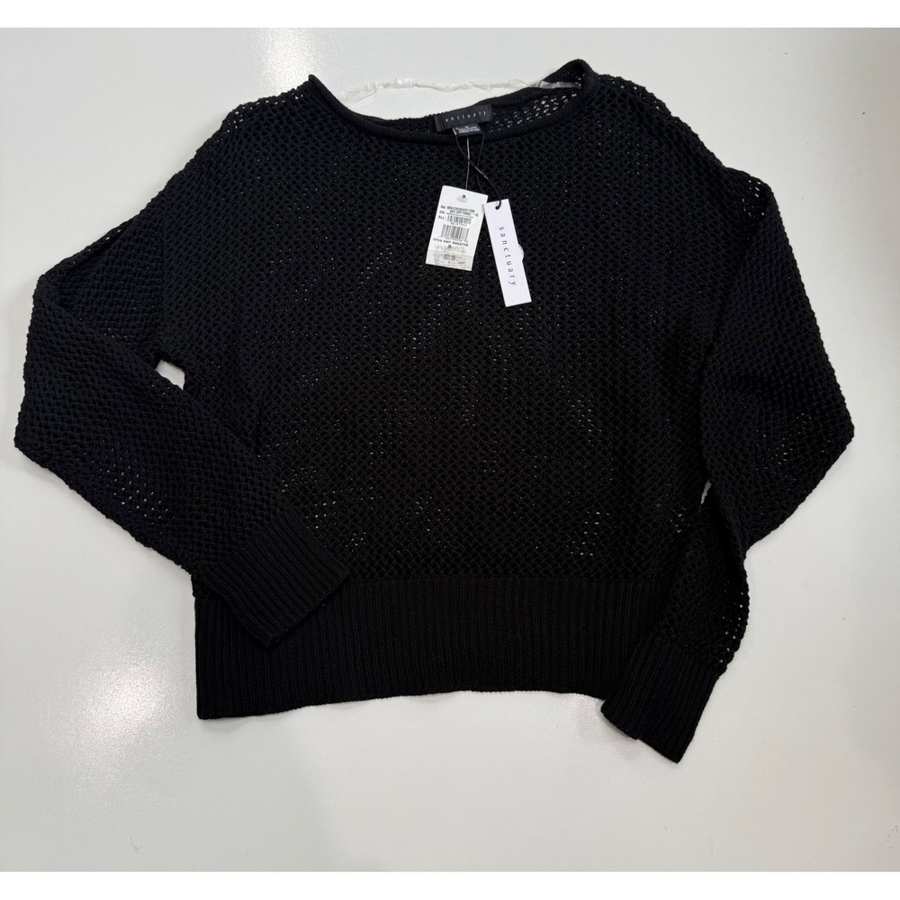 Sanctuary Black Open Knit Sweater Long‎ Sleeve Crew Neck Mesh Top NWT Size M
